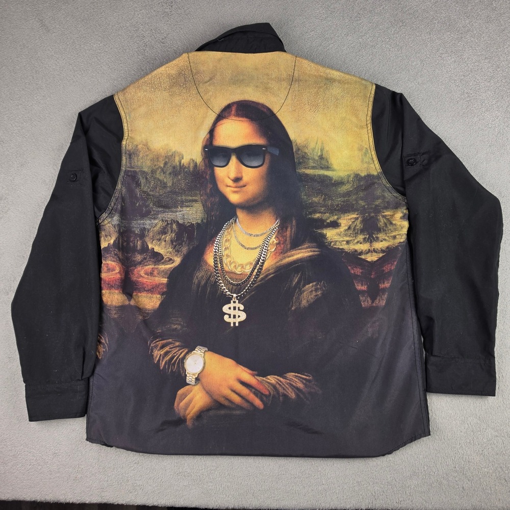 Vtg Akademiks Button Shirt Mens Medium Mona Lisa Graphic Streetwear Black Y2k